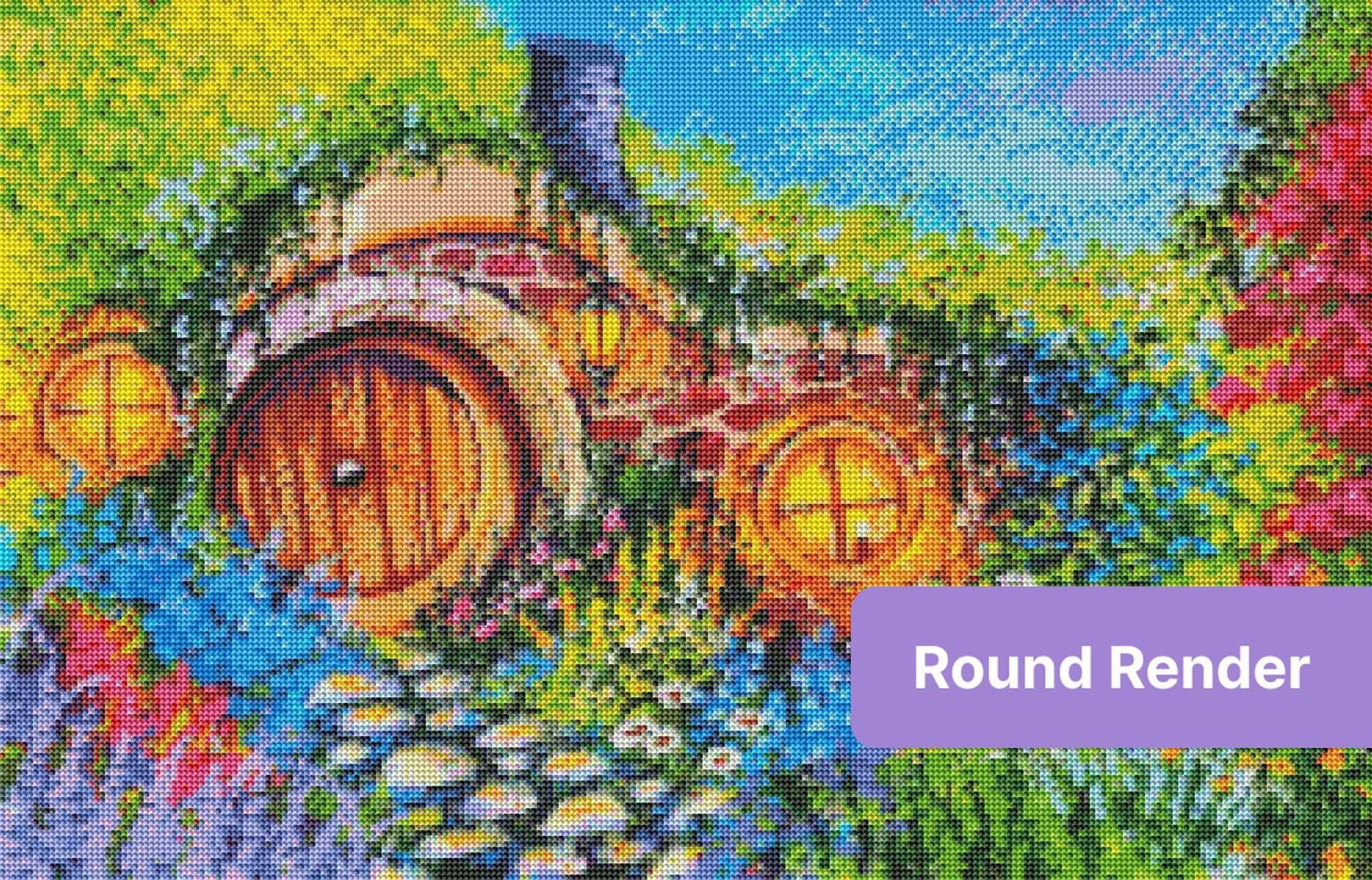 Colorful fantasy cottage surrounded by flowers, glowing windows, and a stone path