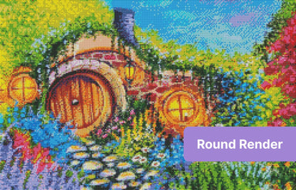 Colorful fantasy cottage surrounded by flowers, glowing windows, and a stone path
