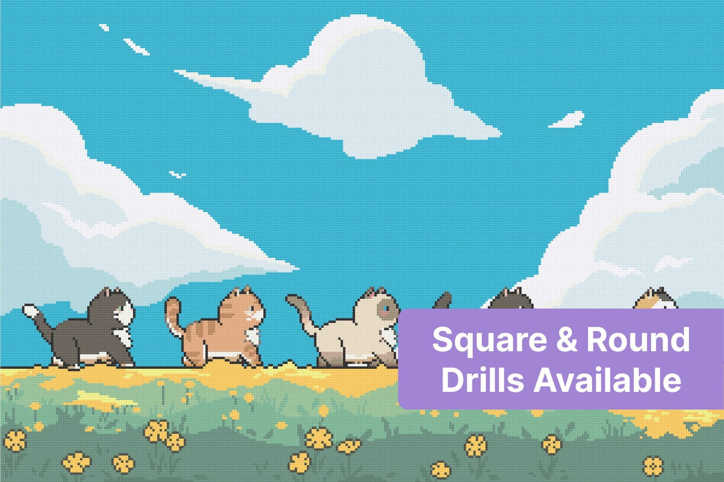 Cartoon cats walking across a sunny meadow with clouds and yellow flowers