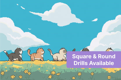 Cartoon cats walking across a sunny meadow with clouds and yellow flowers