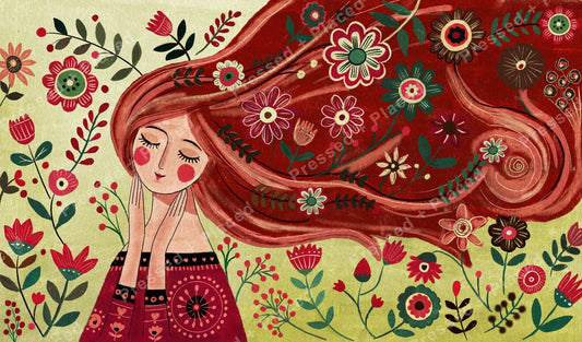 Whimsical girl with flowing red hair surrounded by colorful flowers in folk art style