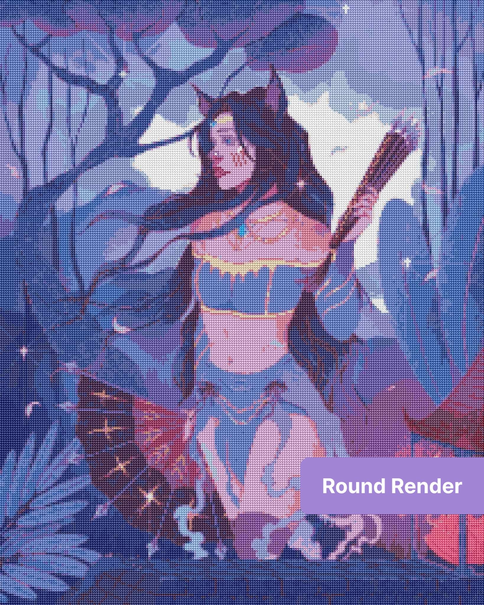 Fantasy cat girl with long flowing hair, moonlit trees, and drifting petals in blue-purple tones