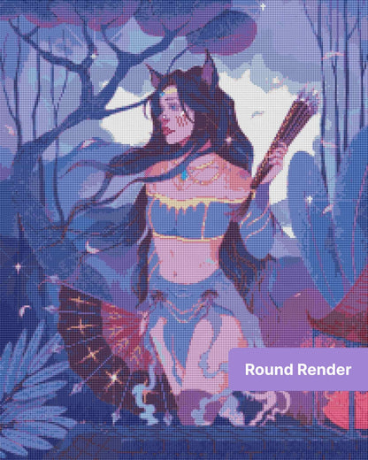 Fantasy cat girl with long flowing hair, moonlit trees, and drifting petals in blue-purple tones