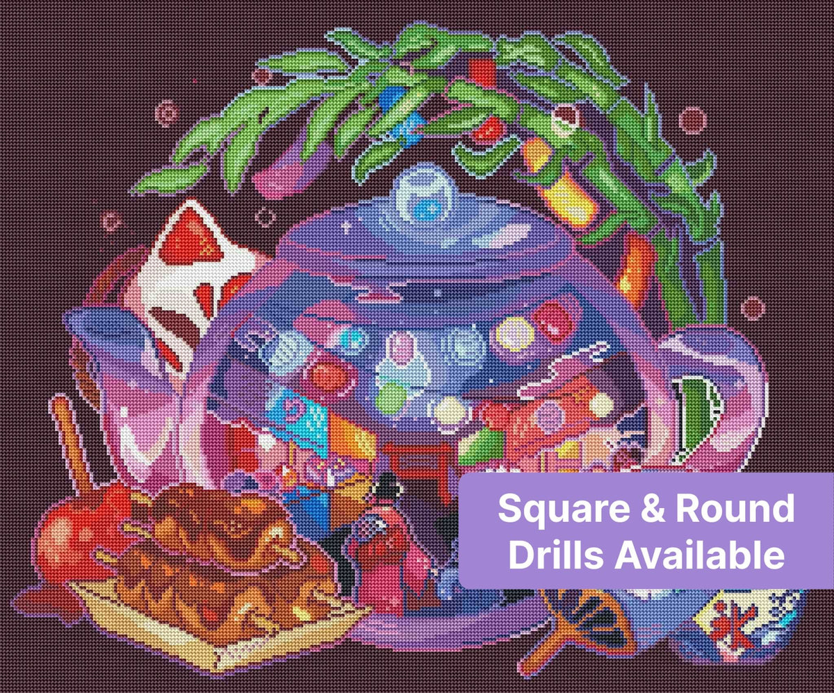 Anime-style fantasy tea party with glowing teapot, lanterns, and colorful dessert details