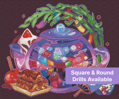 Anime-style fantasy tea party with glowing teapot, lanterns, and colorful dessert details