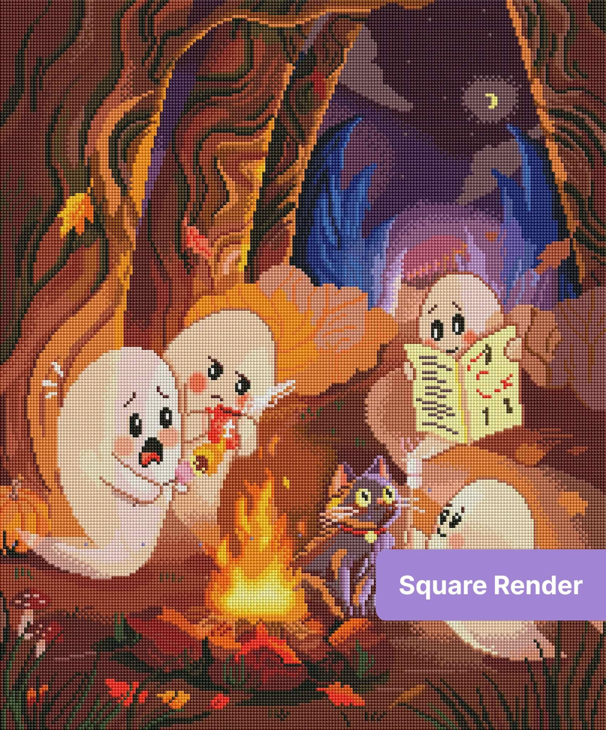 Cute ghost characters around a campfire in a whimsical Halloween forest scene