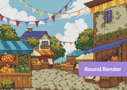 Colorful village market street with produce stalls, rustic houses, and festive bunting under a bright sky