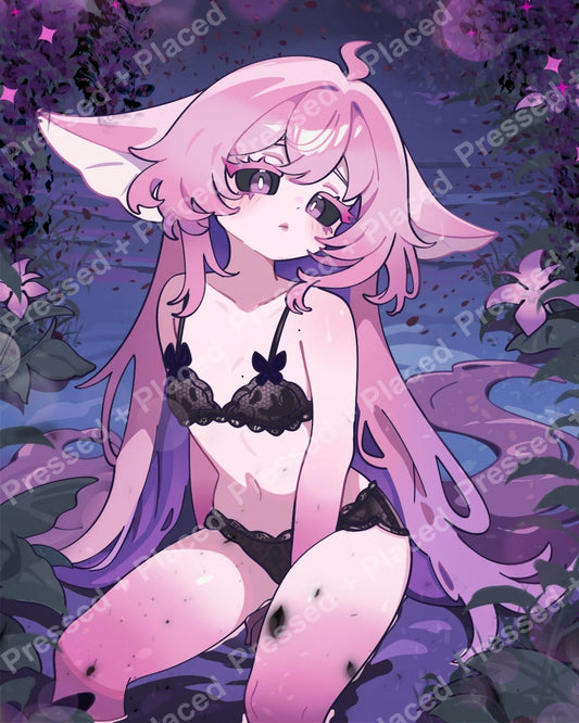 Pink-haired anime catgirl in black lace outfit, seated in a purple fantasy garden