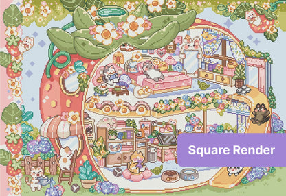 Pastel strawberry cat house with adorable animals, flowers, and cozy fantasy room details