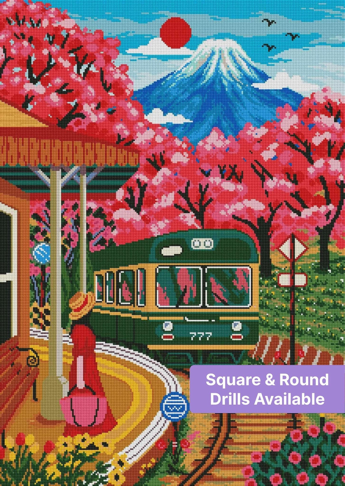 Cherry blossom train station landscape with mountain, vibrant pink trees, and vintage teal train