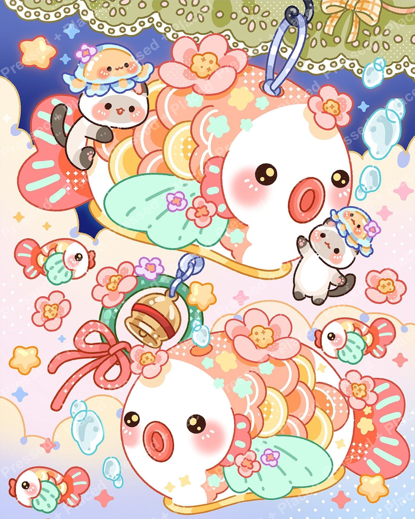 Cute pastel ducks and pandas with flowers in a whimsical kawaii cartoon style