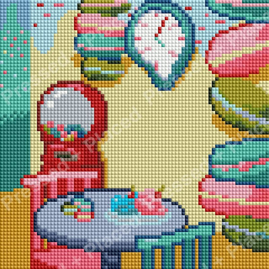 Colorful diamond art of macarons and a whimsical candy shop display