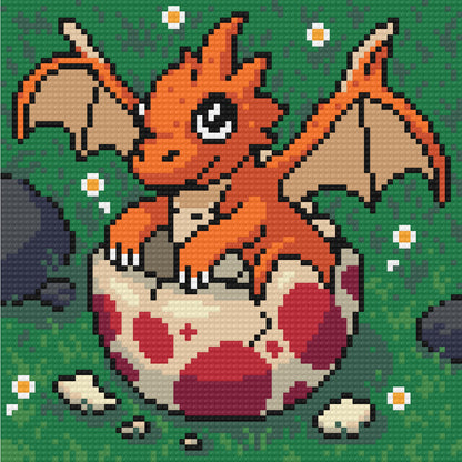 Four pixel-style baby dragon diamond painting designs in colorful fantasy scenes