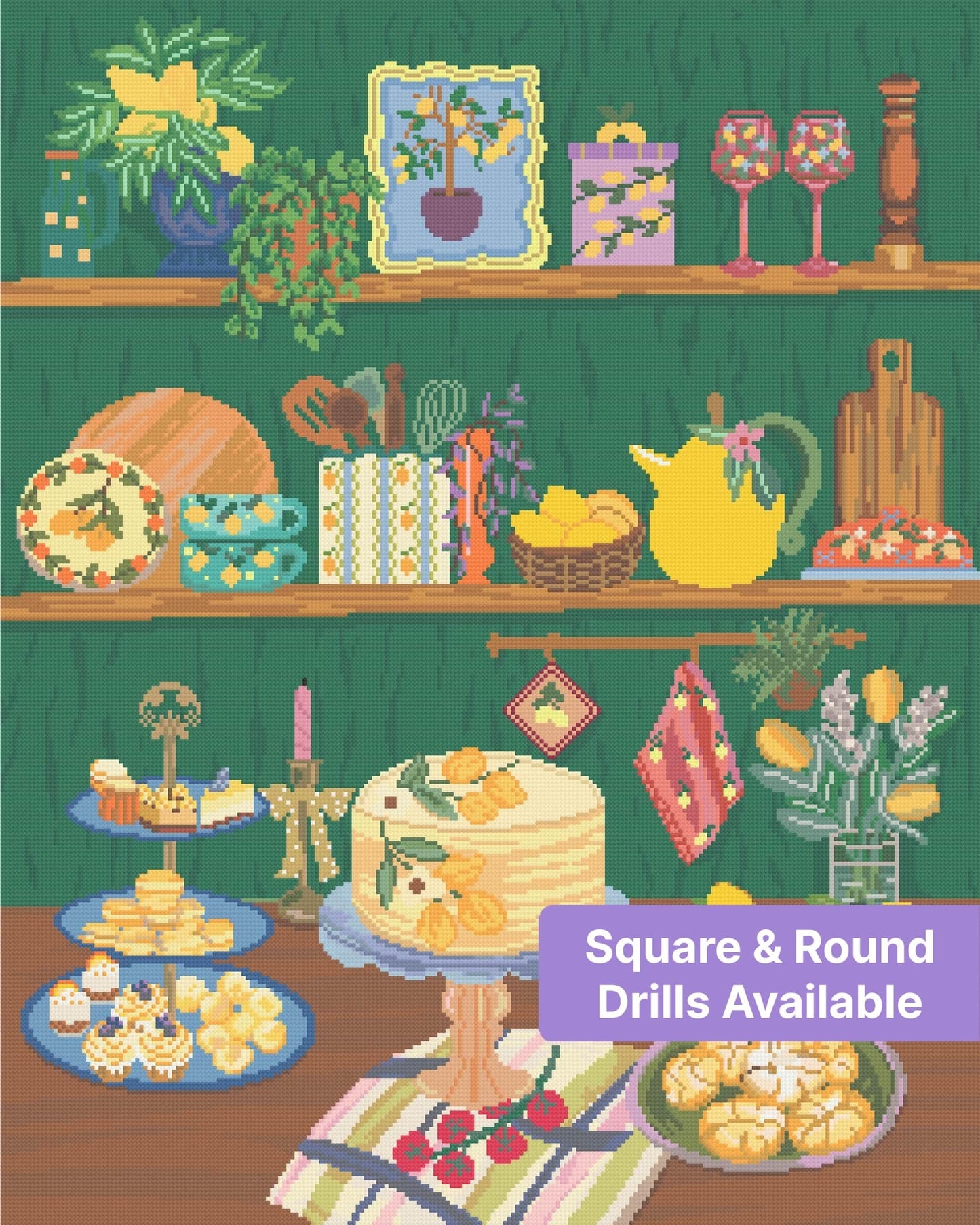 Lemon-themed still life with painted shelves, desserts, vases, and floral kitchen decor