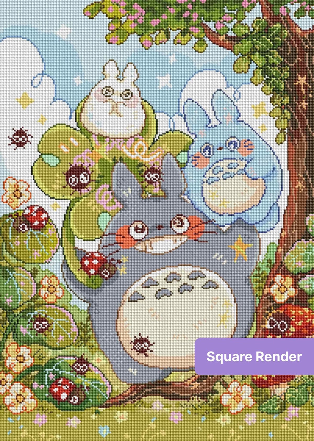Cute fantasy forest creatures under a flowering tree in a pastel cartoon style