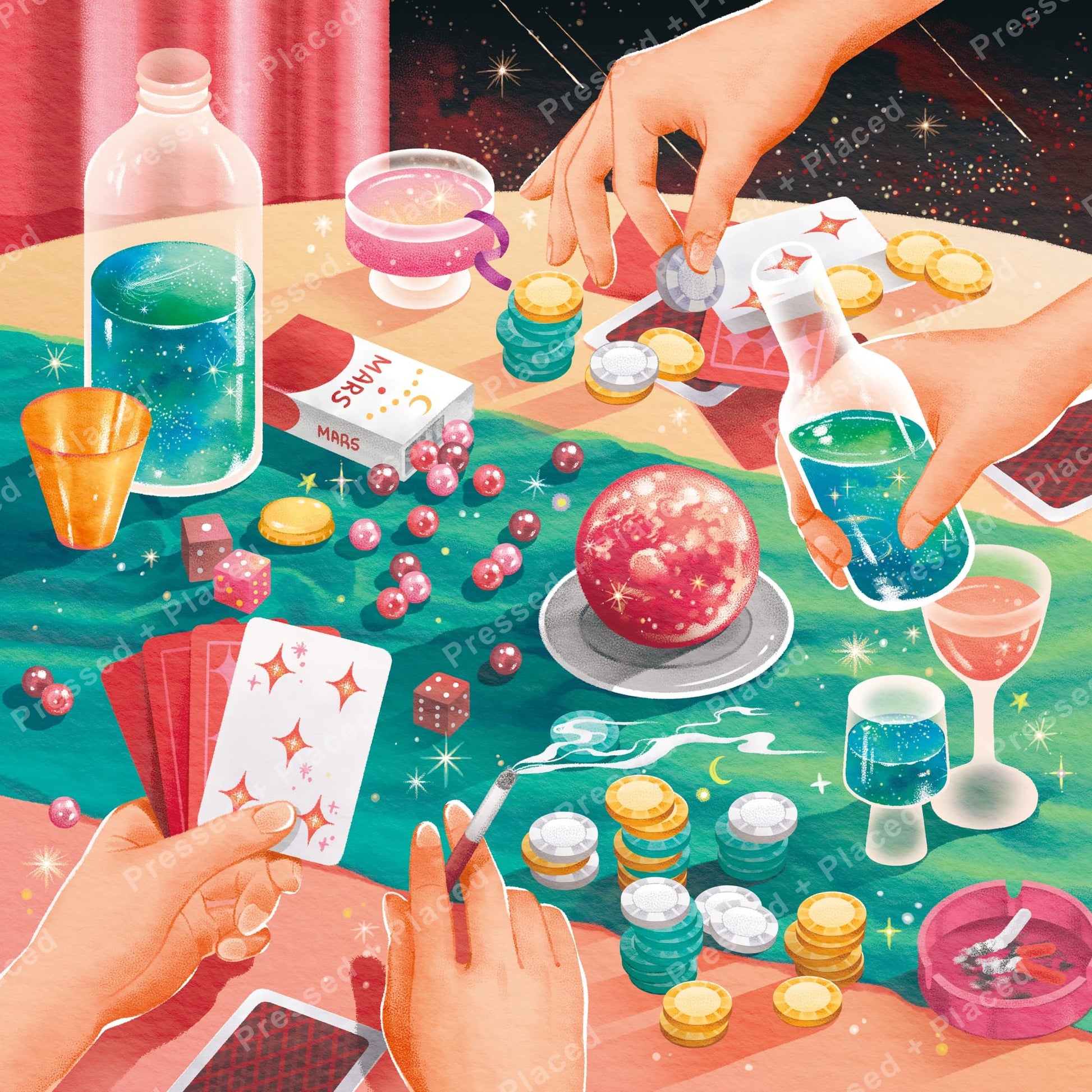 Whimsical space-themed diamond art with hands, cards, tokens, and glowing colors