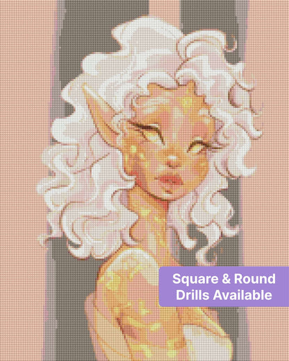 Stylized fantasy elf portrait with white curls, golden accents, and soft pastel tones
