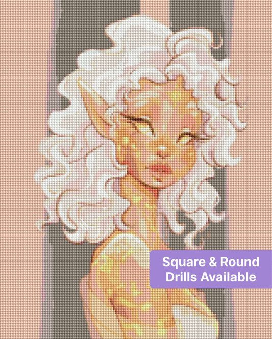 Stylized fantasy elf portrait with white curls, golden accents, and soft pastel tones