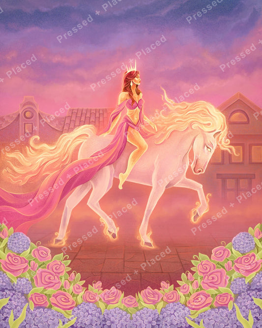 Fantasy princess riding a glowing white horse with floral border and pastel sunset sky