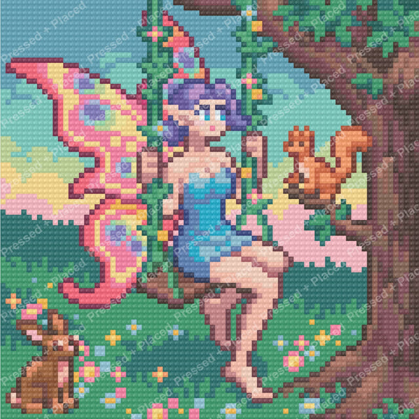 Fairy girl with colorful butterfly wings sitting in a magical woodland scene