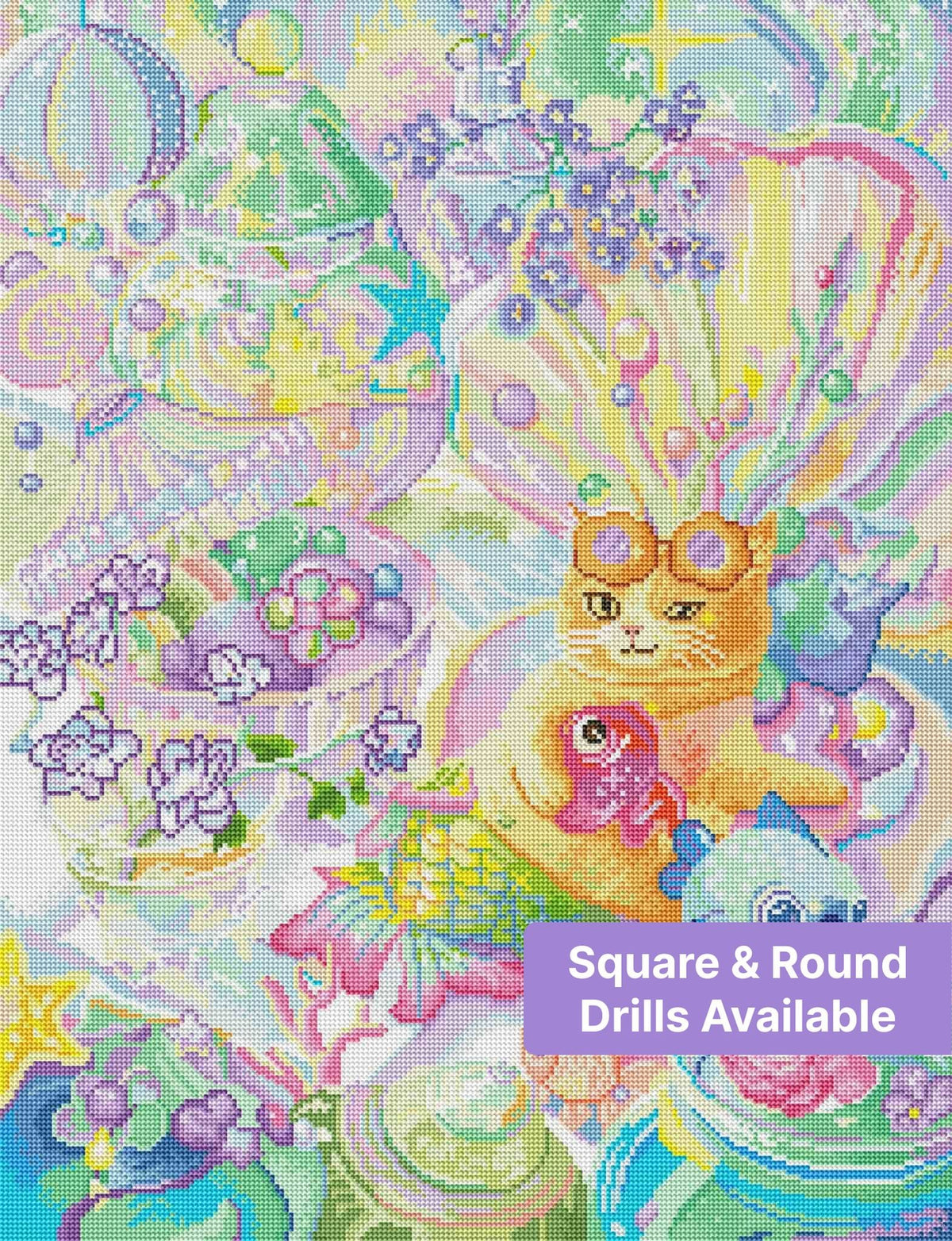 Pastel fantasy cat with rainbow fish tail, shells, flowers, and iridescent underwater details