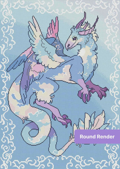 Pastel fantasy dragon with cloud patterns, lavender horns, and elegant swirling border