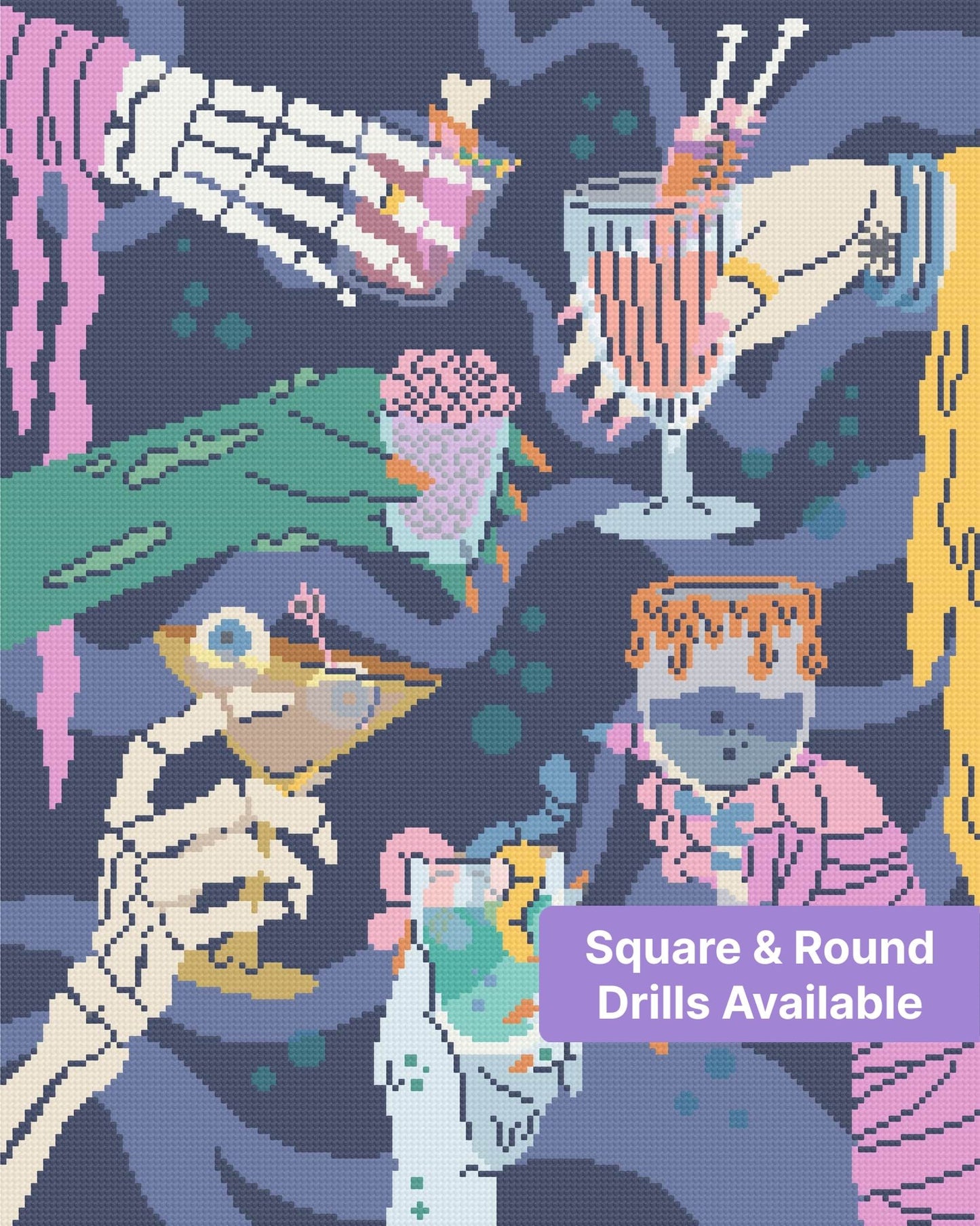 Stylized skeleton hands holding colorful cocktails in a spooky gothic party scene