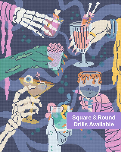 Stylized skeleton hands holding colorful cocktails in a spooky gothic party scene