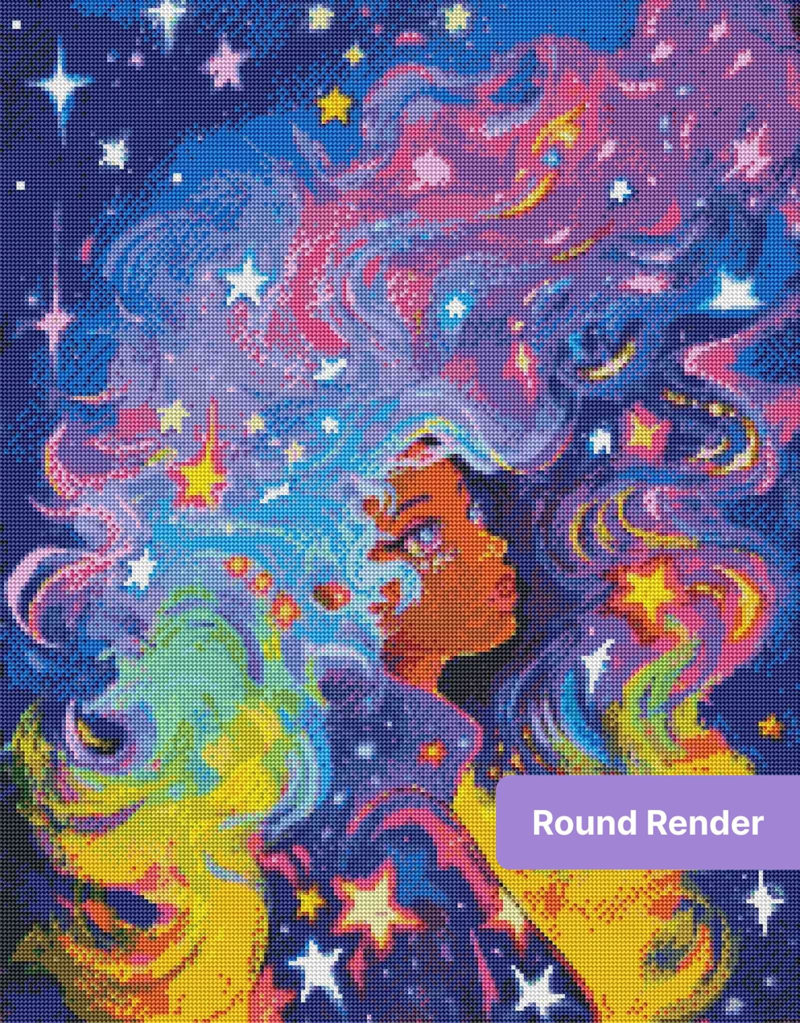 Colorful celestial woman with flowing rainbow hair and stars in a fantasy galaxy style