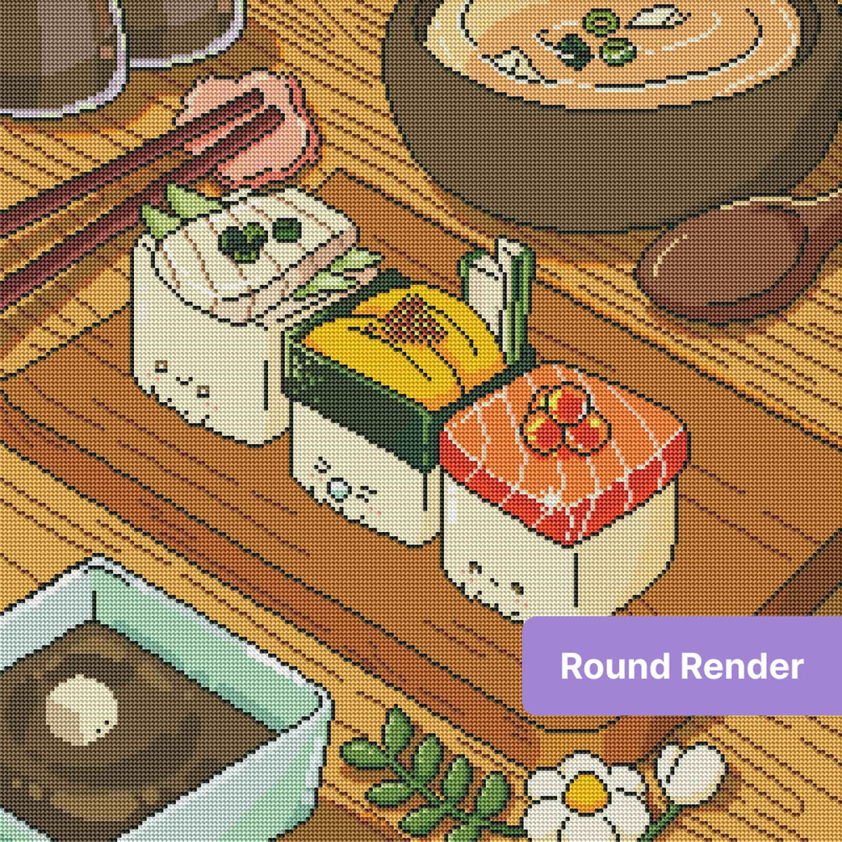 Cute kawaii sushi pieces on a wooden table in warm, colorful Japanese food style