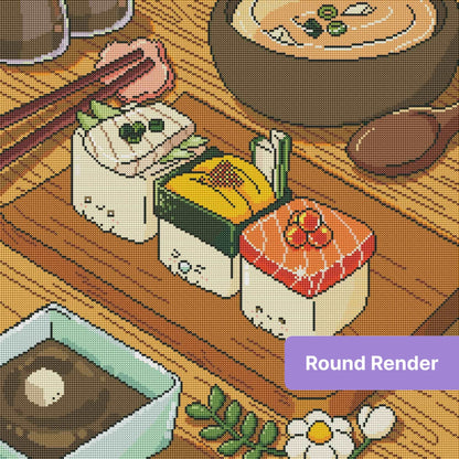Cute kawaii sushi pieces on a wooden table in warm, colorful Japanese food style