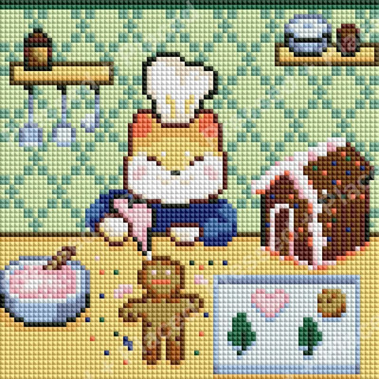 Cartoon fox baker diamond painting with kitchen decor, pastries, and pastel colors