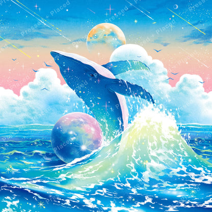 Fantasy whale emerging from sparkling ocean waves under a pastel moonlit sky
