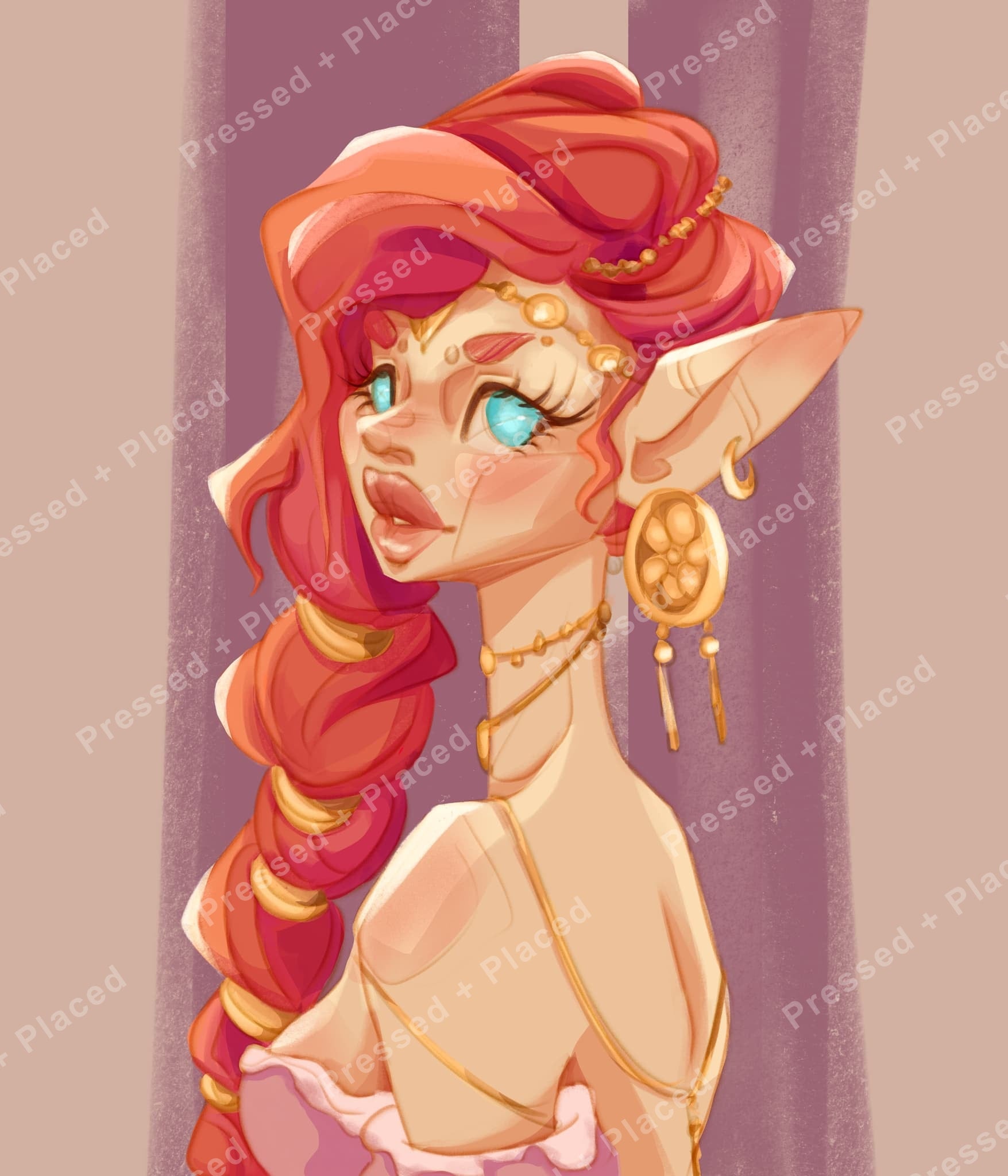 Stylized fantasy elf portrait with red braided hair, turquoise eyes, and gold jewelry