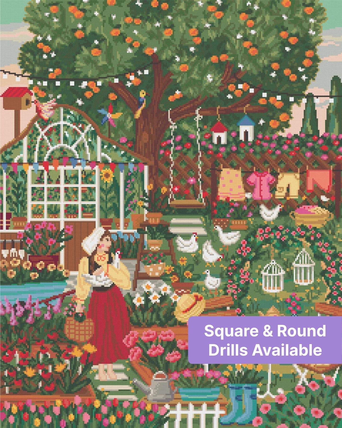 Whimsical cottage garden scene with flowers, chickens, greenhouse, and a woman in traditional dress