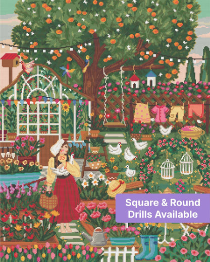 Whimsical cottage garden scene with flowers, chickens, greenhouse, and a woman in traditional dress