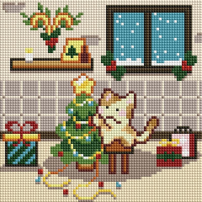 Four festive cat scenes with holiday decor in a cozy diamond art style