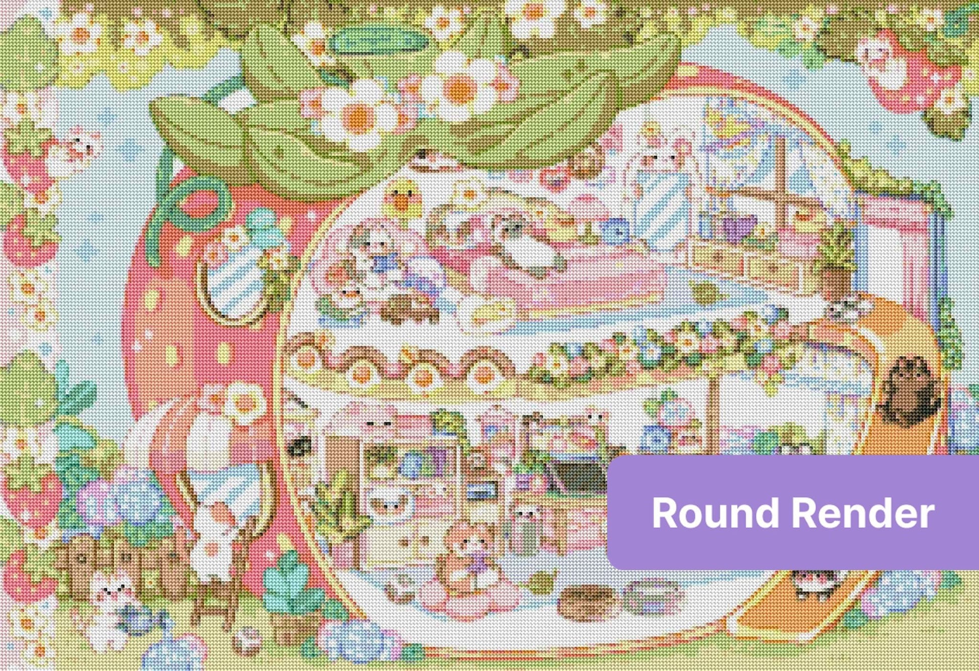 Kawaii strawberry house with cute animals, pastel rooms, and floral fantasy decor