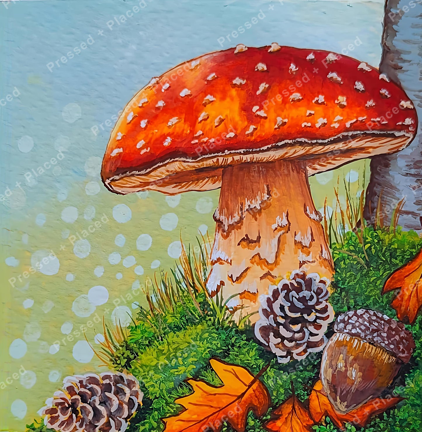 Red mushroom with pinecones and greenery in a whimsical forest-style diamond art design