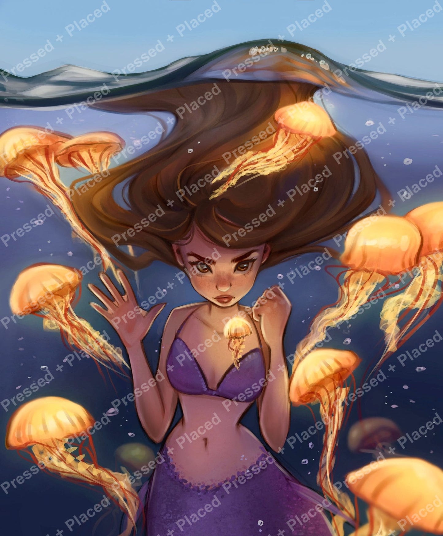 Fantasy mermaid surrounded by glowing jellyfish in a dreamy underwater scene