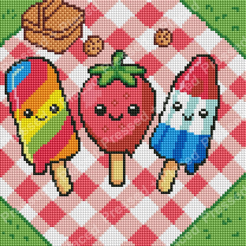 Cute cartoon popsicles on a pink checkered picnic blanket in bright summer colors