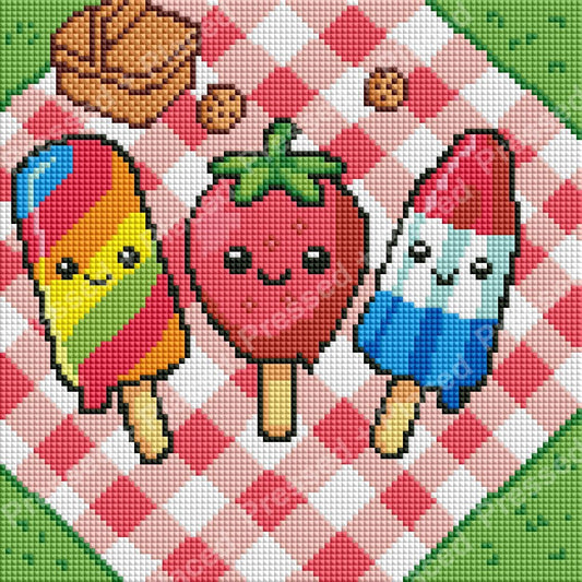 Cute cartoon popsicles on a pink checkered picnic blanket in bright summer colors