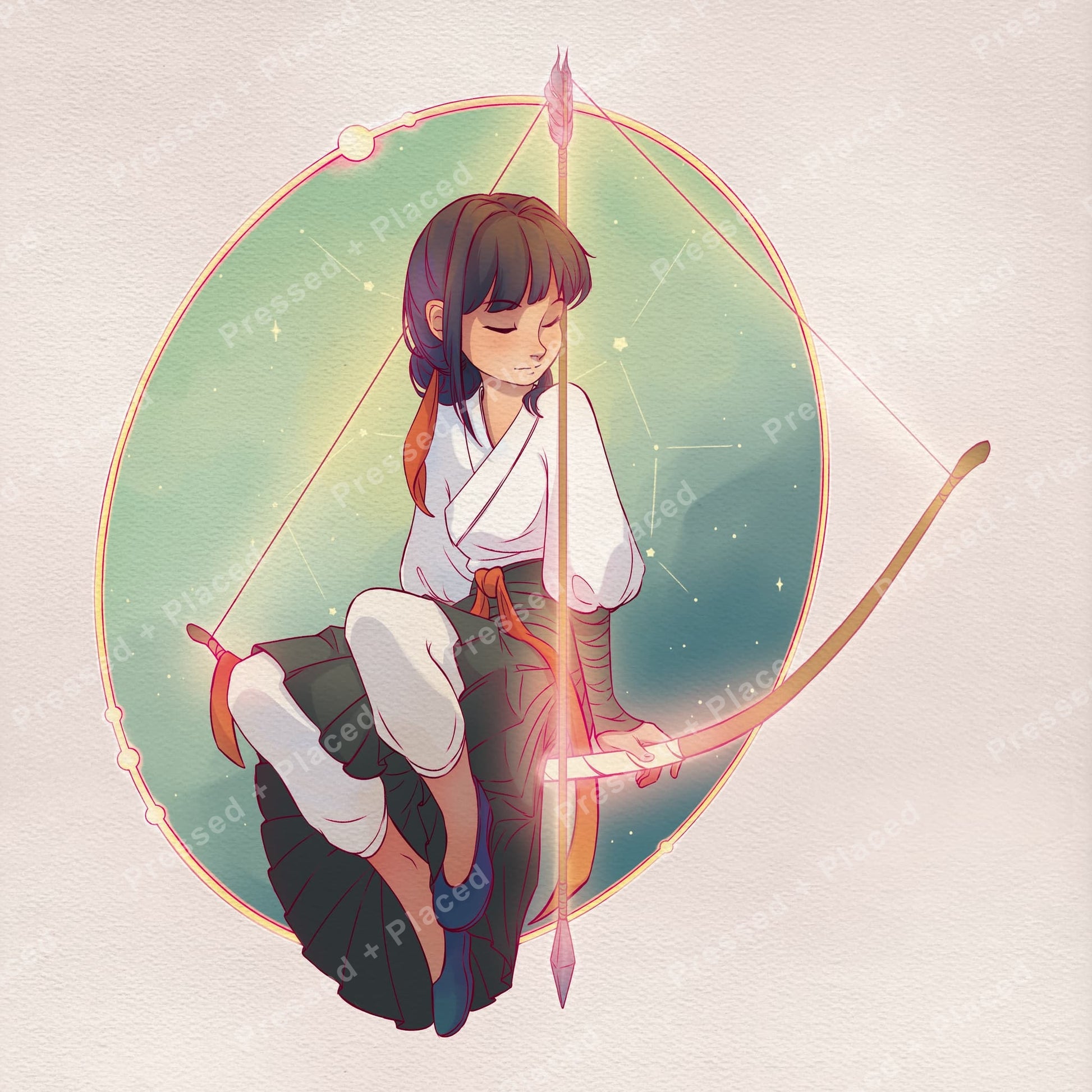 Anime-style archer girl seated in a glowing pastel circle with bow and soft fantasy tones