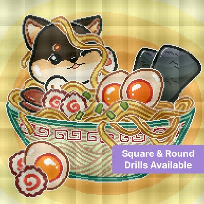 Cute cartoon ca in a bowl of ramen with eggs, seaweed, and noodles