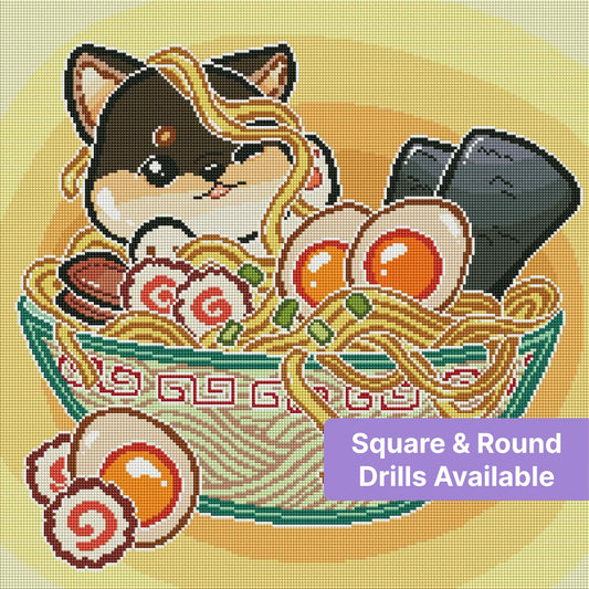 Cute cartoon ca in a bowl of ramen with eggs, seaweed, and noodles