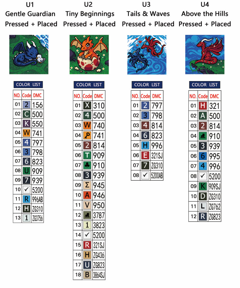 Four pixel-style baby dragon diamond painting designs in colorful fantasy scenes