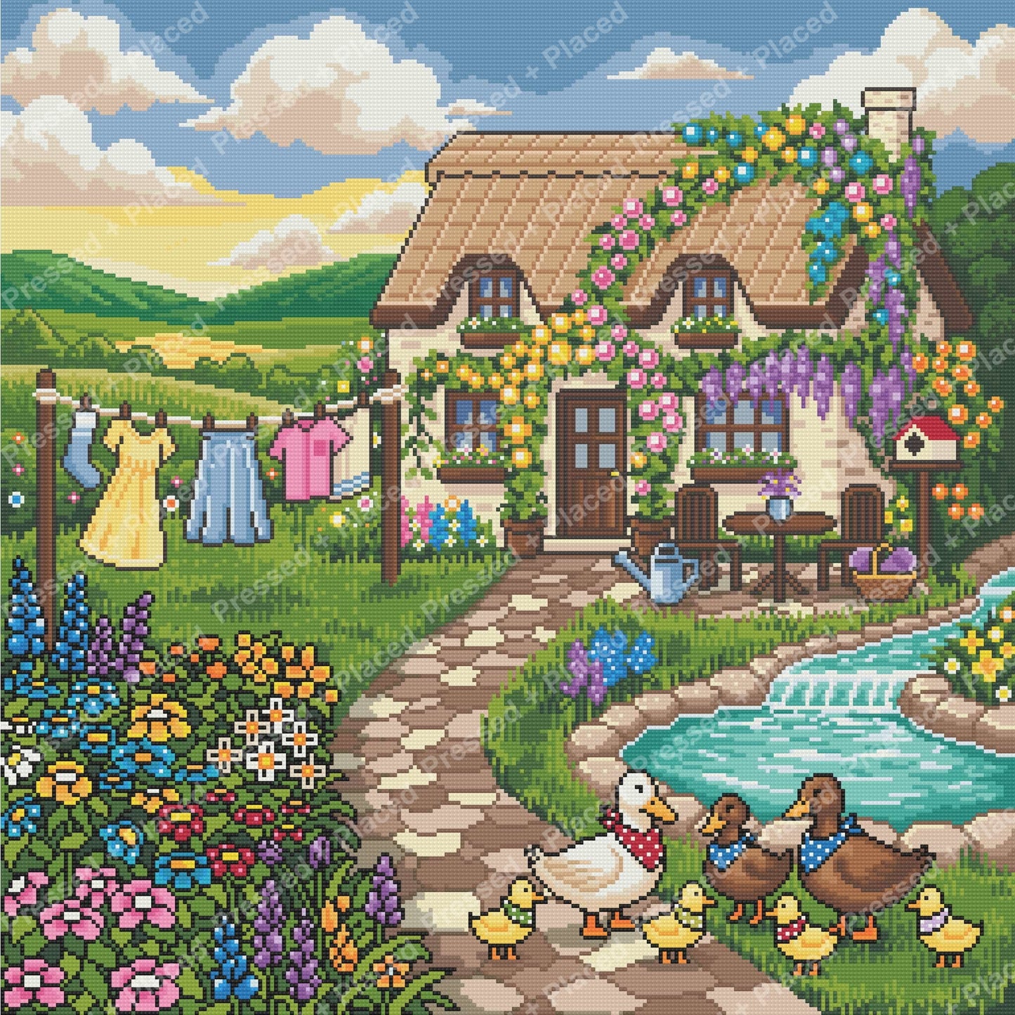 Whimsical cottage garden with ducks, flowers, pond, and rolling hills in diamond art style