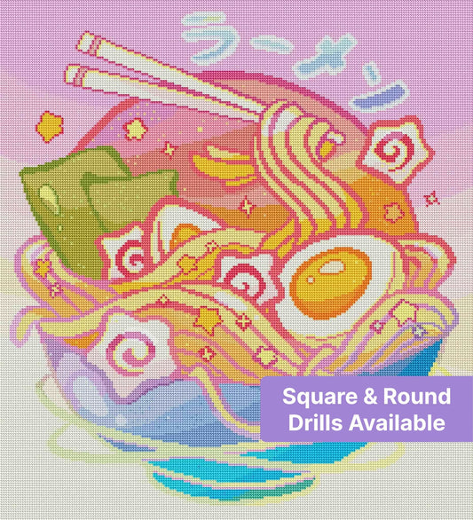 Whimsical rainbow ramen bowl diamond painting with chopsticks and playful pastel swirls