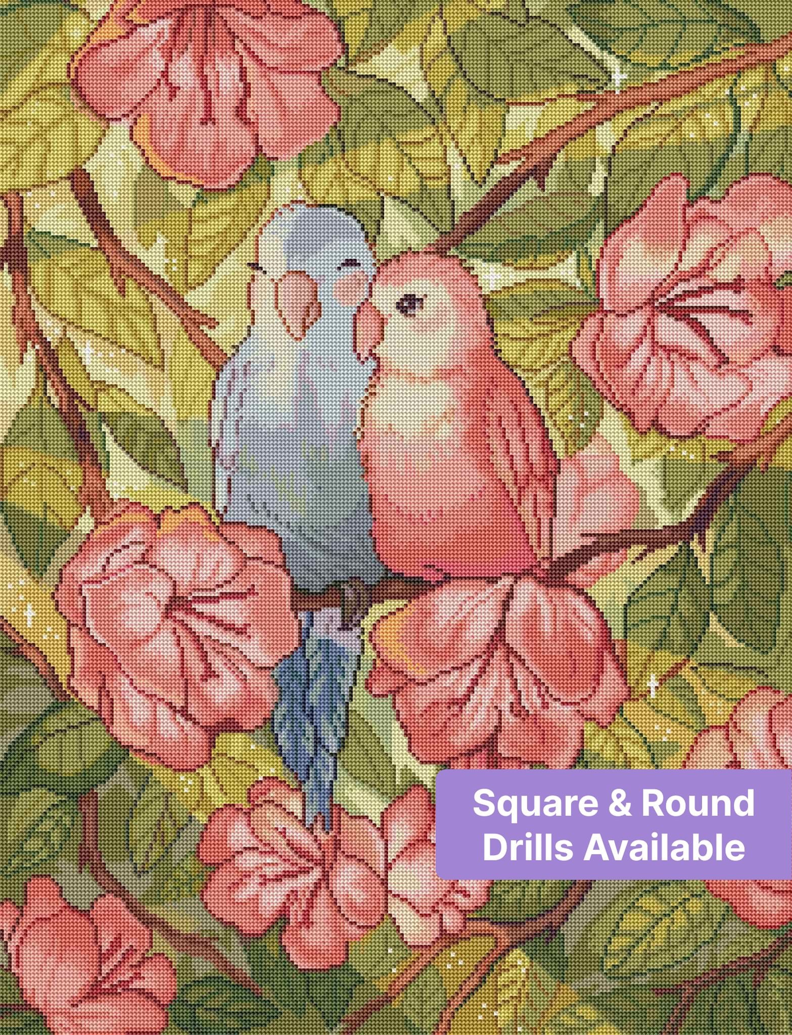 Watercolor parrots perched among pink flowers and green leaves in a soft botanical style