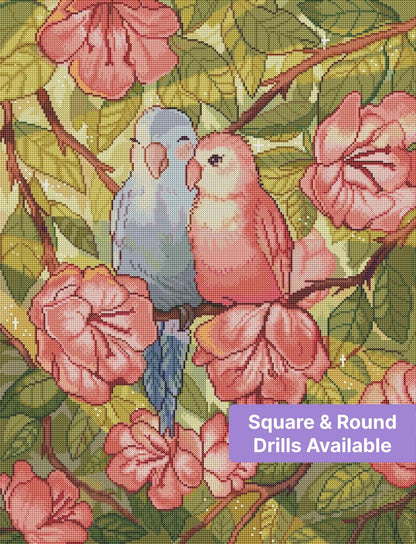 Watercolor parrots perched among pink flowers and green leaves in a soft botanical style